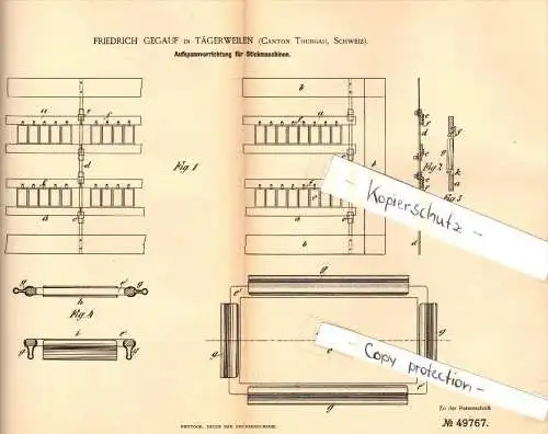 Original Patent - Friedrich Gegauf in Tägerwilen , Thurgau , 1889 , Vorrichtung für Stickmaschine , Stickerei !!!