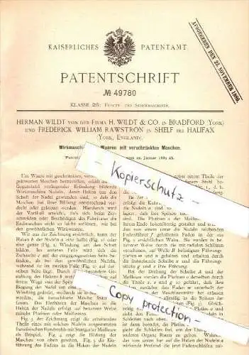 Original Patent -F.W. Rawstron in Shelf b. Halifax , 1889 , Machine for knitting , Wildt & Co in Bradford !!!