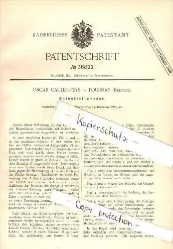 Original Patent - Oscar Cauler - Feys in Tornai , Belgien , 1885 , Notenblattwender , Musik , Orchester !!!