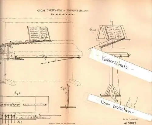 Original Patent - Oscar Cauler - Feys in Tornai , Belgien , 1885 , Notenblattwender , Musik , Orchester !!!