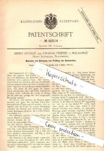 Original Patent - Henry Offroy à Ch. Pfeiffer in Malaunay ,1888, Machine pour le nettoyage et l'essai pour la filature !