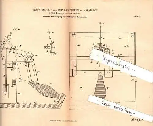 Original Patent - Henry Offroy à Ch. Pfeiffer in Malaunay ,1888, Machine pour le nettoyage et l'essai pour la filature !