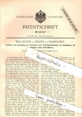 Original Patent - W. Holzer in Dechen / Saarland ,1890, Stopfbüchsenliderung , Maschinenbau , Neunkirchen , Saarbrücken