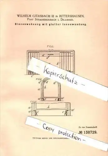 Original Patent -  W. Giersbach in Rittershausen , Post Straßebersbach / Dietzhölztal , 1901 , Bienenwohnung , Imkerei !