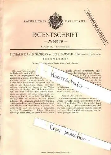 Original Patent - Richard David Sanders in Berkhamsted , 1890 , Blinds for windows  !!!