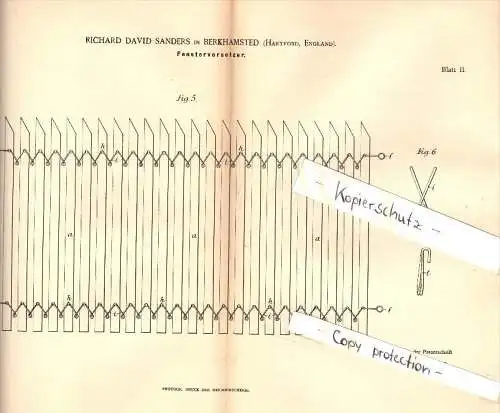 Original Patent - Richard David Sanders in Berkhamsted , 1890 , Blinds for windows  !!!