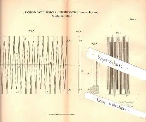 Original Patent - Richard David Sanders in Berkhamsted , 1890 , Blinds for windows  !!!