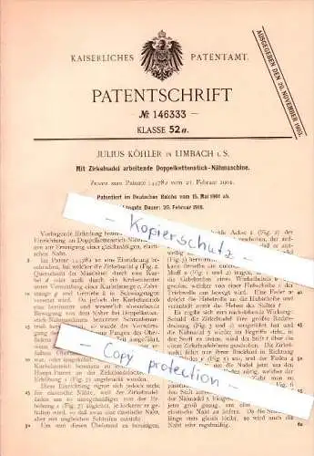 Original Patent - Julius Köhler in Limbach i. S. , 1901 , Mit Zirkelnadel arbeitende Doppelnadelstich-Nähmaschine !!!