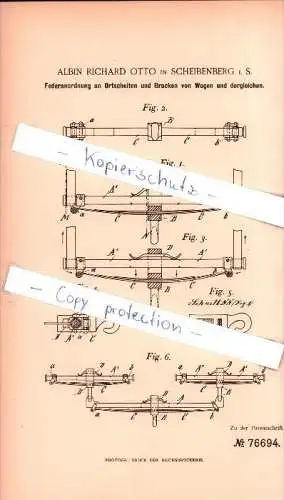 Original Patent - A.R. Otto in Scheibenberg i. S. , 1893 ,  Federanordnung an Ortscheiten , Wagenbau !!!