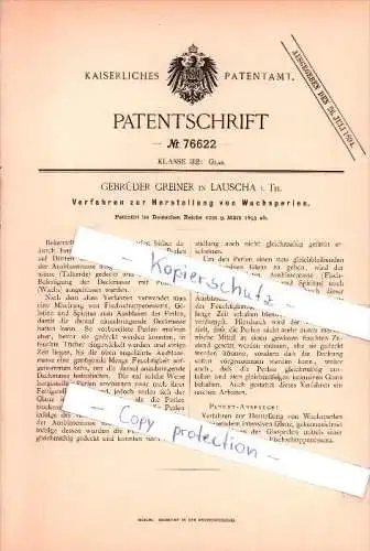 Original Patent - Gebrüder Greiner in Lauscha  , 1893 , Herstellung von Wachsperlen , Glas , Perlen , Glasperlen !!!