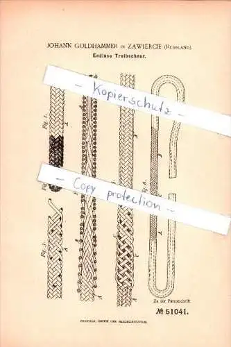 Original Patent - Johann Goldhammer in Zawiercie , Russland , 1889 , Endlose Treibschnur , Warthenau !!!