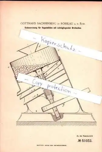 Original Patent - Gotthard Sachsenberg in Rosslau a. d. Elbe , 1889 , Siebanordnung für Kugelmühlen , Mühle , Windmühle