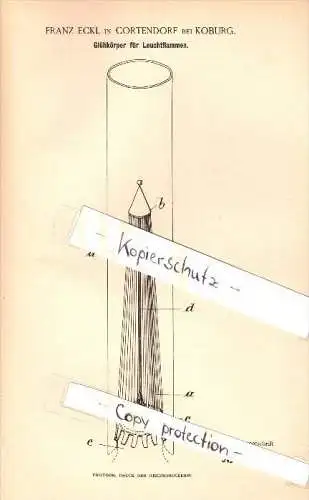 Original Patent - Franz Eckl in Cortendorf b. Coburg , 1893 , Glühkörper für Beleuchtung , Leuchten , Lampen !!!