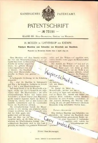 Original Patent - H. Möller in Grevenkop b. Krempe , 1893, Maschine für Brennholz , Sägewerk , Forst , Holz , Steinburg