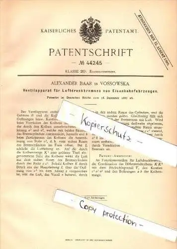 Original Patent - A. Baar in Vossowska / Fosowskie b. Colonnowska ,1887, Luftdruckbremse für Eisenbahn , Kolonowskie !!