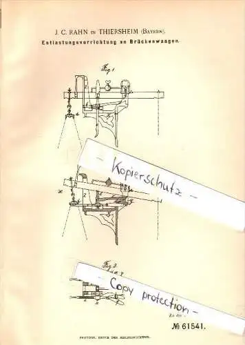 Original Patent - J.C. Rahn in Thiersheim , Bayern , 1891 , Apparat für Brückenwaage , Waage !!!