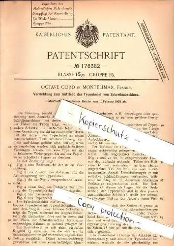 Original Patent - Octave Cord à Montélimar , 1905 , Entraînement pour machine à écrire !!!