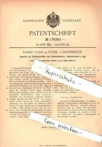 Original Patent - Robert Evers in Förde b. Grevenbrück / Lennestadt , 1904 , Apparat für Schwefelsäure , Chemie , Labor