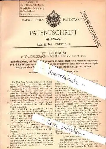 Original Patent -  Gottfried Klink in Waldrennach b. Neuenbürg a. Enz , 1905 , Spiritus - Bügeleisen !!!