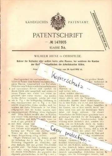 Original Patent - Wilhelm Heine in Oebisfelde b. Börde , 1902 , Bohrer für Kalisalze , Kali , Bergbau , Weferlingen !!!