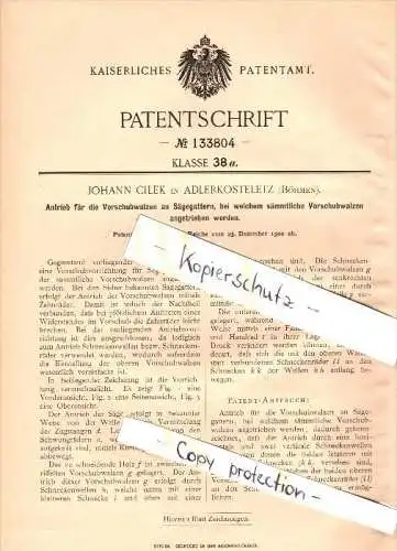 Original Patent - Johann Cilek in Adlerkosteletz / Kostelec nad Orlicí , 1900 , Antrieb für Sägegatter , Sägewerk !!!