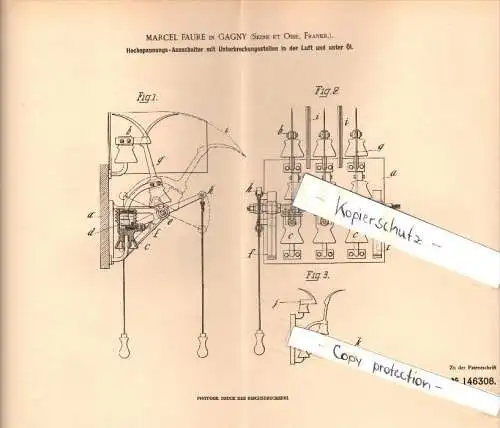 Original Patent -  Marcel Faure à Gagny , Seine et Oise , 1903 , Disjoncteur à haute tension , électrique !!!