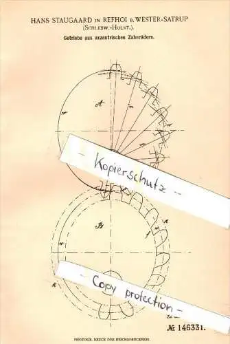 Original Patent - Hans Staugaard in Refhoi b. Wester - Satrup , 1902 , Mittelangeln in Schleswig-Holstein , Getriebe !!!