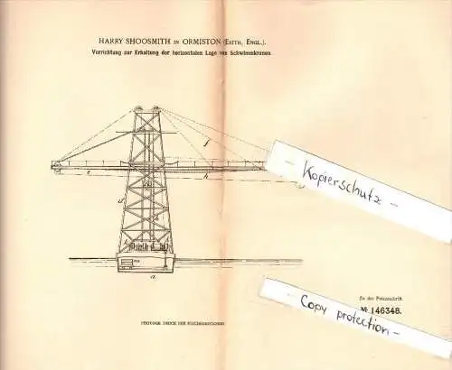 Original Patent - Harry Shoosmith in Ormiston , Erith , 1902 , Apparatus for floating crane !!!