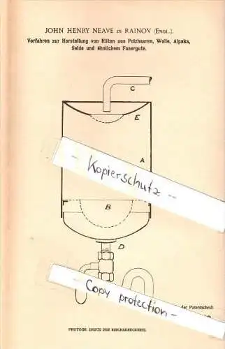 Original Patent -J.H. Neave in Rainov , England,1902, Manufacture of hats made &#8203;&#8203;of fur , wool , alpaca , si