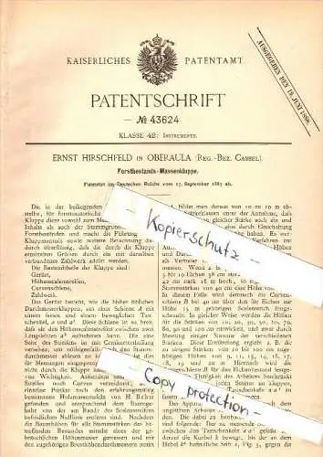 Original Patent - Ernst Hirschfeld in Oberaula , 1887 , Kluppe für Forst , Wald , Jagd , Bäume , Reg.Bez. Cassel  !!