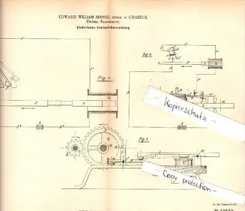 Original Patent - E.W. Serrell à Chabeuil , Drome , 1886 , Dispositif de contact électrique , solénoïde !!