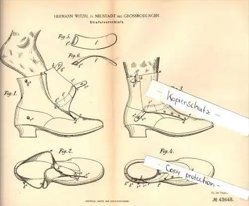 Original Patent - Hermann Witzel in Neustadt b. Grossbodungen , 1887 , Stiefel - Verschluß , Schuhe , Am Ohmberg !!!