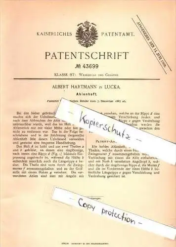 Original Patent - Albert Hartmann in Lucka i. Thüringen , 1887 , Ahlenheft , Ahle , Werkzeug !!!