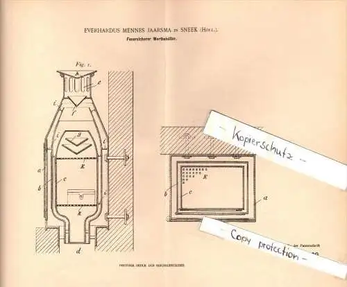 Original Patent -  E.M. Jaarsma in Sneek , Friesland , 1902 , feuersicherer Tresor , Safe , Geldschrank , Holland !!!