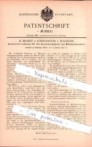 Original Patent -H. Brandt in Rödershöfen b. Walsrode ,1897, Kontrolapparat für Milchschleudern , Milch , Landwirtschaft