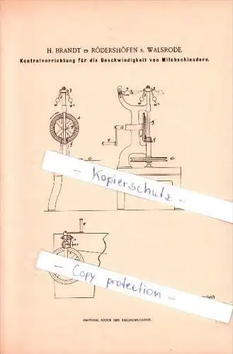 Original Patent -H. Brandt in Rödershöfen b. Walsrode ,1897, Kontrolapparat für Milchschleudern , Milch , Landwirtschaft