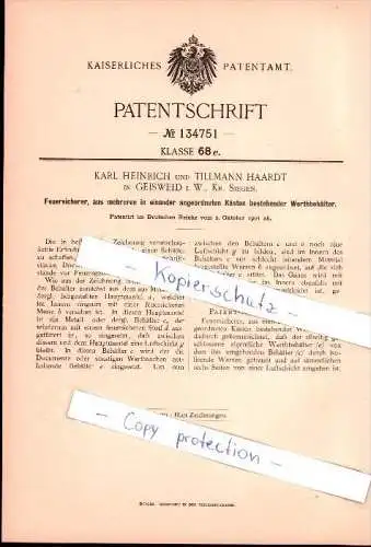 Original Patent - Karl Heinrich und Tillmann Haardt in Geisweid , 1901 , Feuersicherer Behälter , Safe , Tresor , Siegen