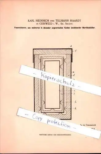 Original Patent - Karl Heinrich und Tillmann Haardt in Geisweid , 1901 , Feuersicherer Behälter , Safe , Tresor , Siegen