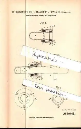 Original Patent - Ch. J. Maythew in Walmer , 1892 , lockable tap , beer , pup , Dover !!