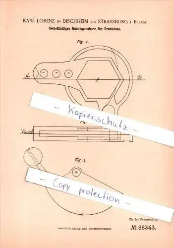 Original Patent - Karl Lorenz dans Bischheim , 1886 , Pinces pour tour , Machine Shop , Strassburg i. Elsass !!!