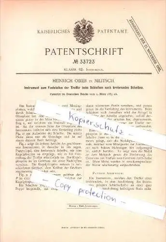 Original Patent - Heinrich Obier in Militsch / Milicz ,1885, Instrument für Schießstand , Schützenzunft , Schützenverein