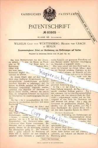 Original Patent - Wilhelm Graf von Württemberg und Herzog von Urach in Berlin , 1891 , Zirkel zur Entfernungsbestimmung