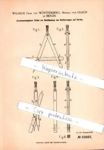 Original Patent - Wilhelm Graf von Württemberg und Herzog von Urach in Berlin , 1891 , Zirkel zur Entfernungsbestimmung