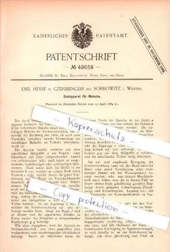 Original Patent - E. Hesse in Czerbienczin b. Sobbowitz i. Westpr. ,1889, Sieb für Bier , Trabki Wielkie / Tramken !!!