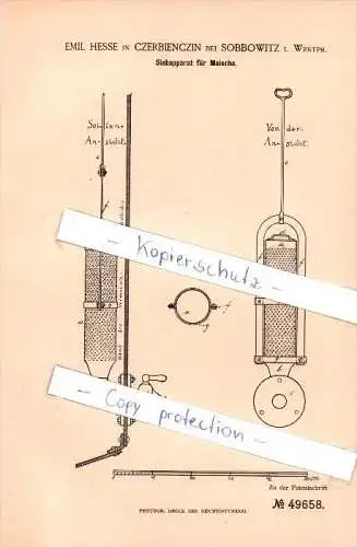 Original Patent - E. Hesse in Czerbienczin b. Sobbowitz i. Westpr. ,1889, Sieb für Bier , Trabki Wielkie / Tramken !!!