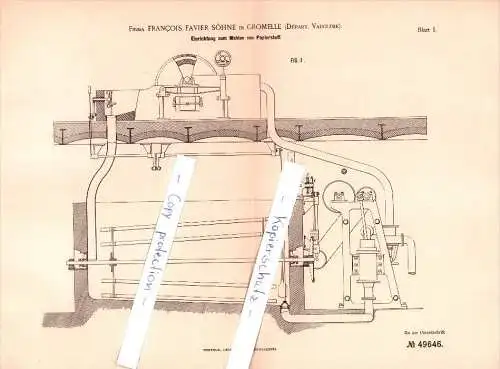 Original Patent - F. Favier Söhne dans Gromelle , Départ. Vaucluse , 1889 ,Appareil pour le broyage de pâte à papier !!!