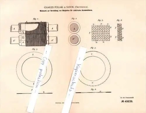 Original Patent - Charles Pollak in Sanok , 1888 , Walzwerk für Akkumulatoren , Batterie , Österreich - Polen !!!