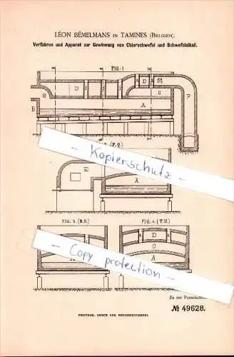 Original Patent - Léon Mémemans in Tamines / Sambreville , 1888, Gewinnung von Chlorschwefel und Schwefelalkali , Chemie