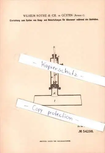 Original Patent - Wilhelm Rothe & Cie in Güsten , Saale-Wipper , 1890 , Spülapparat für Leitungen , Abwasser  !!!