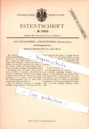 Original Patent - A. Pellhammer in Krauchenwies , Hohenzollern , 1882 , Halter für Zeitung , Sigmaringen !!!